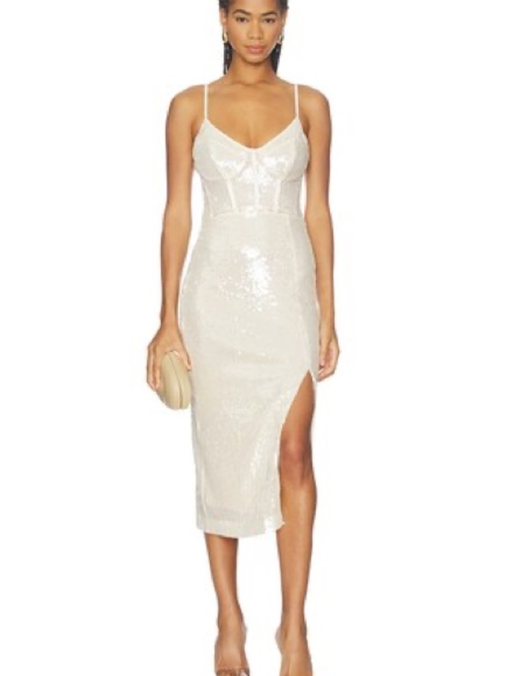 REVOLVE Ivory Sequin Corset Midi Dress